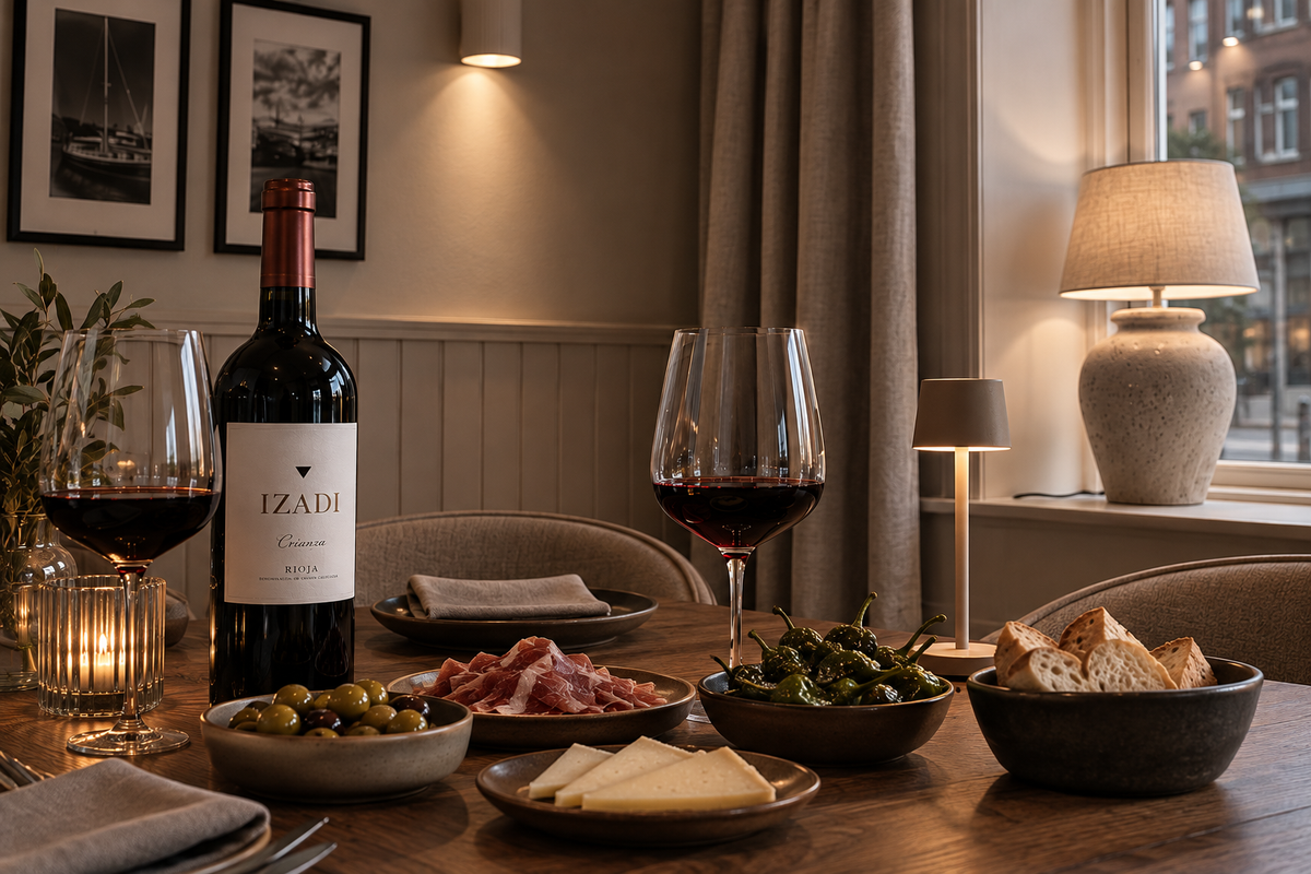 Rioja Crianza mit mediterranen Tapas in einer BEKAI-inspirierten Weinlounge – inszeniertes Bild