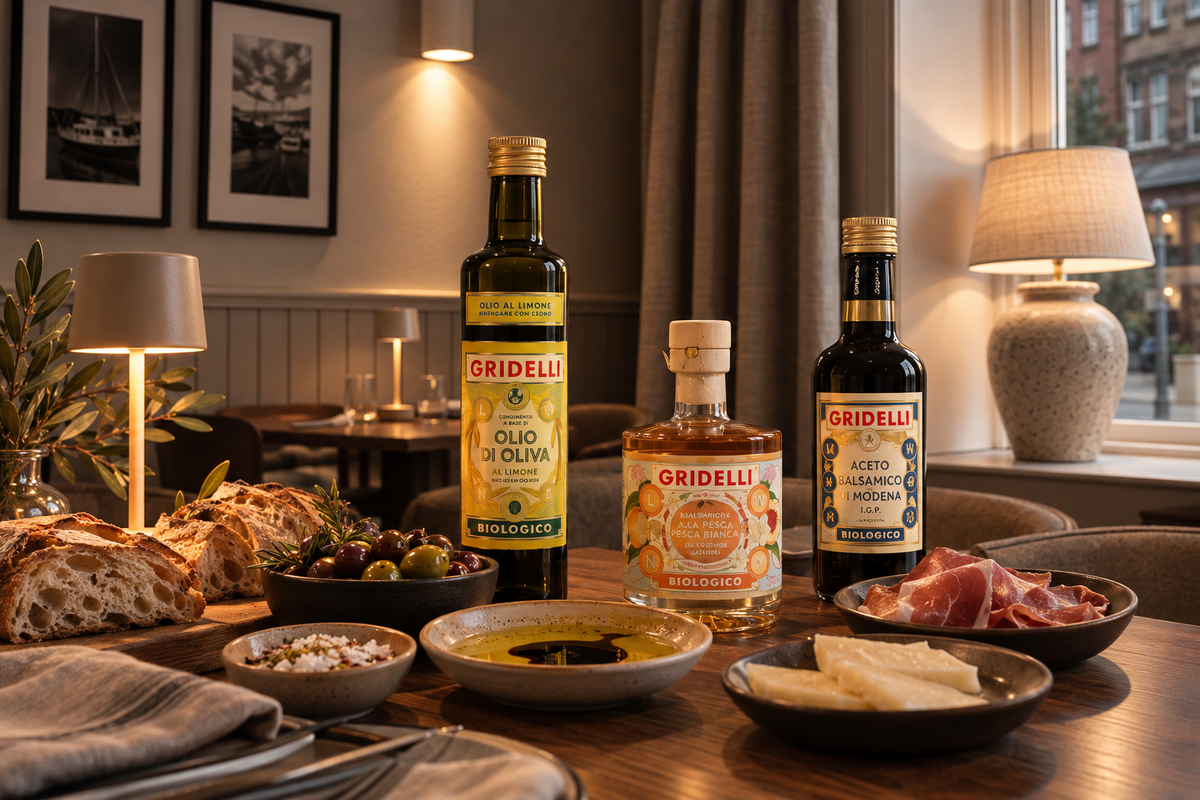 Gridelli Zitronen-Olivenöl und Pfirsich-Balsamico, KI-inszeniert in einer BEKAI-inspirierten Umgebung